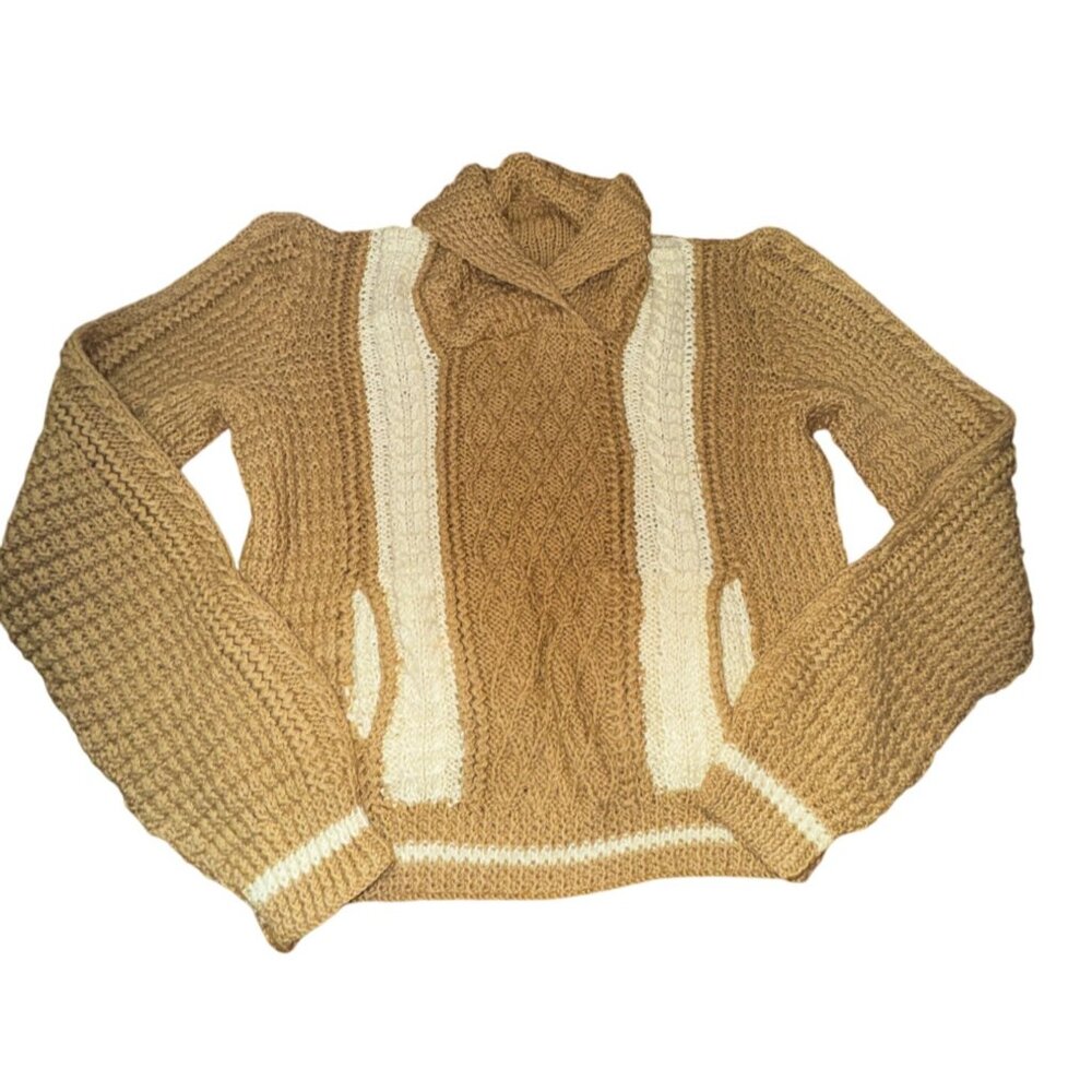 Vintage Handmade XL Tan Beige Chunky Cable  Knit Sweater Preppy Classic‎ Ranch